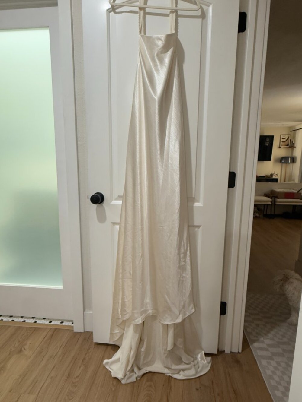 Azazie Ivory Halter Satin Bridal Gown - Picture 3 of 8